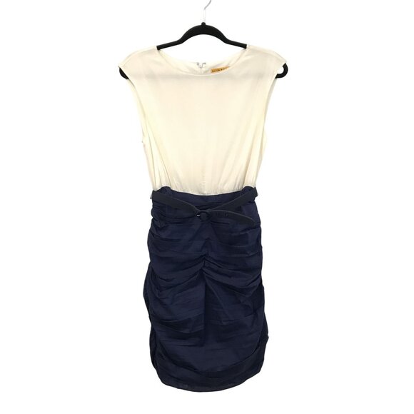 Alice and Olivia Molly Mod Belted Ruched Silk Mini Dress White Navy Size 6 - Picture 10 of 10